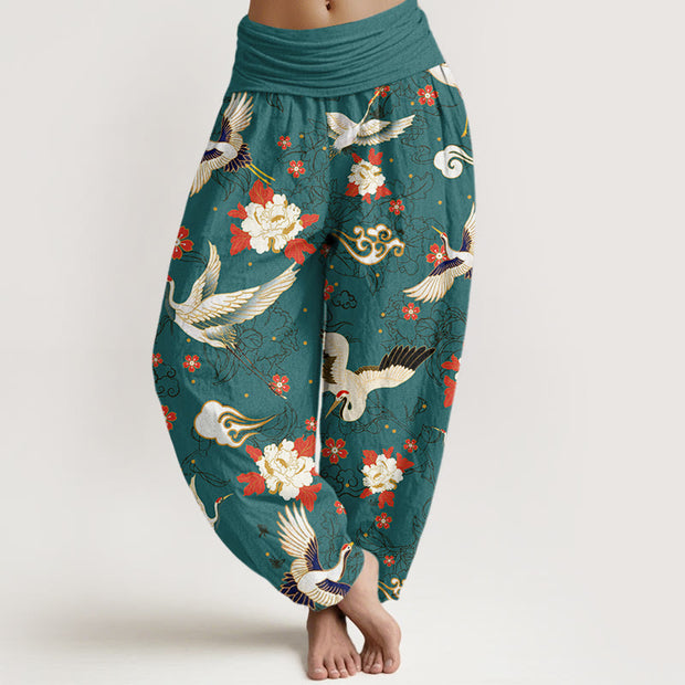 Buddha Stones Casual Red-Crowned Crane Peony Flower Cherry Blossom Pattern Women's Elastic Waist Harem Pants - DarkCyan - US22，UK/AU26，EU54 (6XL) - image 8
