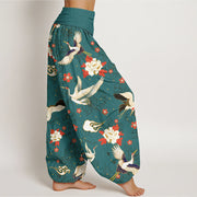Buddha Stones Casual Red-Crowned Crane Peony Flower Cherry Blossom Pattern Women's Elastic Waist Harem Pants - image 9