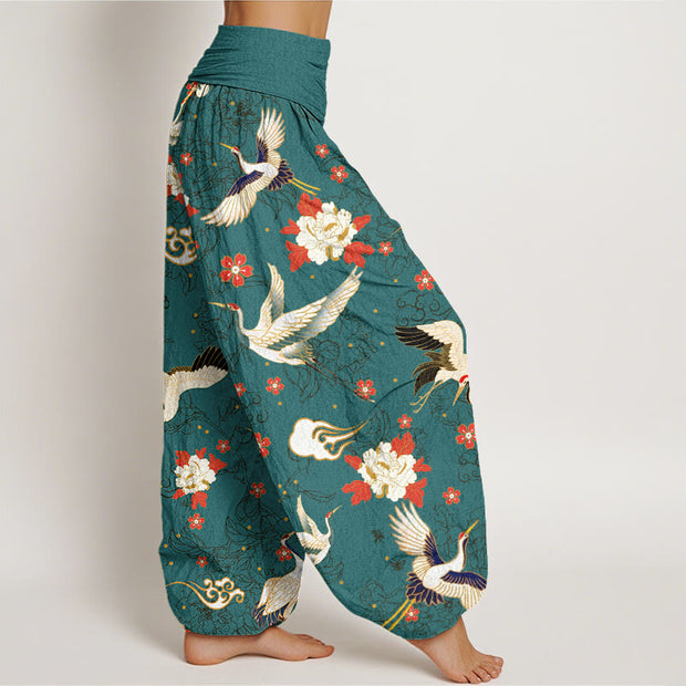 Buddha Stones Casual Red-Crowned Crane Peony Flower Cherry Blossom Pattern Women's Elastic Waist Harem Pants - image 9