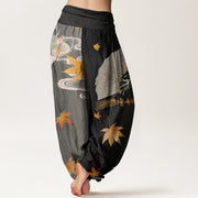 Buddha Stones Casual Folding Fan Flowers Maple Leaves Cloud Pattern Women's Elastic Waist Harem Pants - image 3