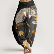 Buddha Stones Casual Folding Fan Flowers Maple Leaves Cloud Pattern Women's Elastic Waist Harem Pants - Black - US22，UK/AU26，EU54 (6XL) - image 1