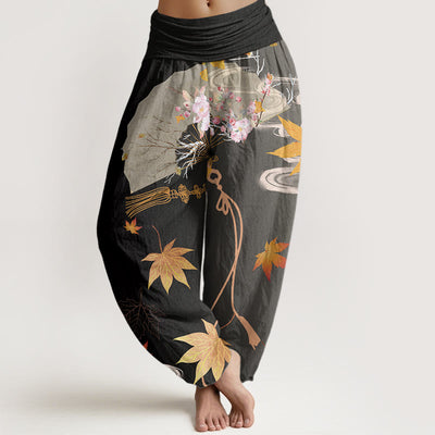 Buddha Stones Casual Folding Fan Flowers Maple Leaves Cloud Pattern Women's Elastic Waist Harem Pants - Black - US22，UK/AU26，EU54 (6XL) - image 1