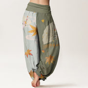 Buddha Stones Casual Folding Fan Flowers Maple Leaves Cloud Pattern Women's Elastic Waist Harem Pants - image 7