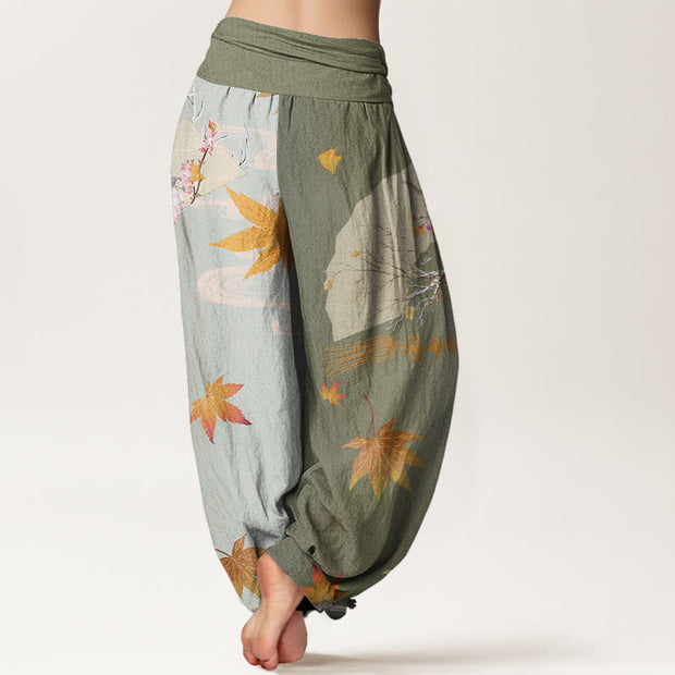 Buddha Stones Casual Folding Fan Flowers Maple Leaves Cloud Pattern Women's Elastic Waist Harem Pants - image 7