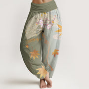 Buddha Stones Casual Folding Fan Flowers Maple Leaves Cloud Pattern Women's Elastic Waist Harem Pants - DarkSeaGreen - US22，UK/AU26，EU54 (6XL) - image 5