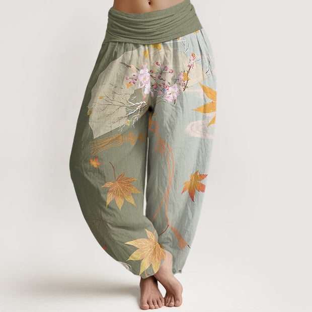 Buddha Stones Casual Folding Fan Flowers Maple Leaves Cloud Pattern Women's Elastic Waist Harem Pants - DarkSeaGreen - US22，UK/AU26，EU54 (6XL) - image 5