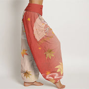 Buddha Stones Casual Folding Fan Flowers Maple Leaves Cloud Pattern Women's Elastic Waist Harem Pants - image 9