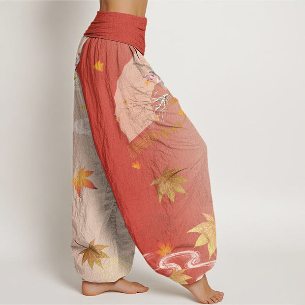 Buddha Stones Casual Folding Fan Flowers Maple Leaves Cloud Pattern Women's Elastic Waist Harem Pants - image 9