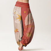 Buddha Stones Casual Folding Fan Flowers Maple Leaves Cloud Pattern Women's Elastic Waist Harem Pants - image 10