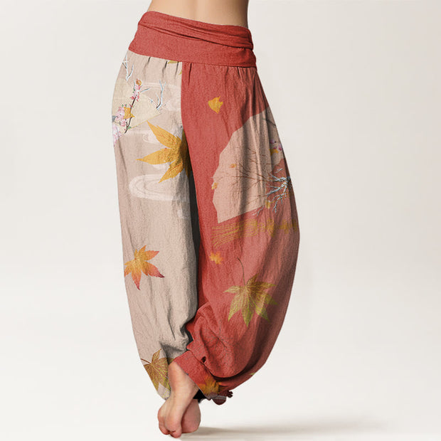 Buddha Stones Casual Folding Fan Flowers Maple Leaves Cloud Pattern Women's Elastic Waist Harem Pants - image 10