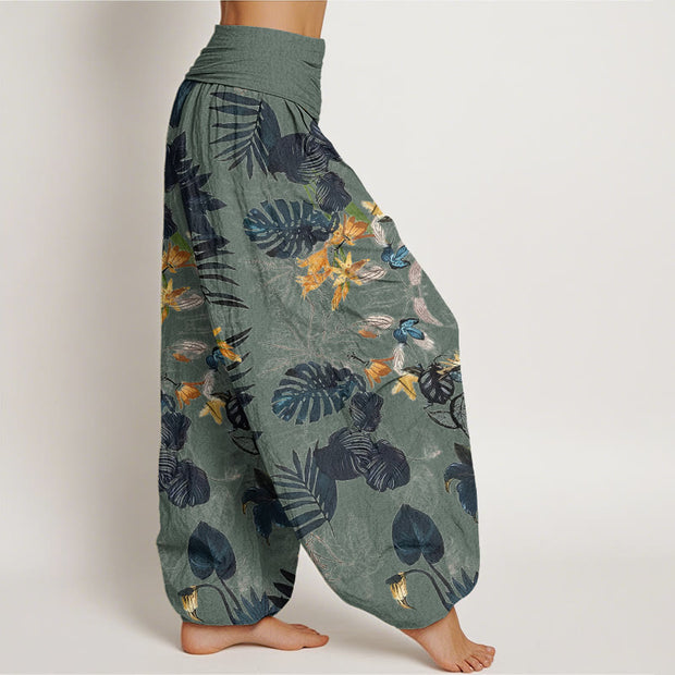 Buddha Stones Yellow Flowers Green Leaves Design Women's Elastic Waist Harem Pants - image 3