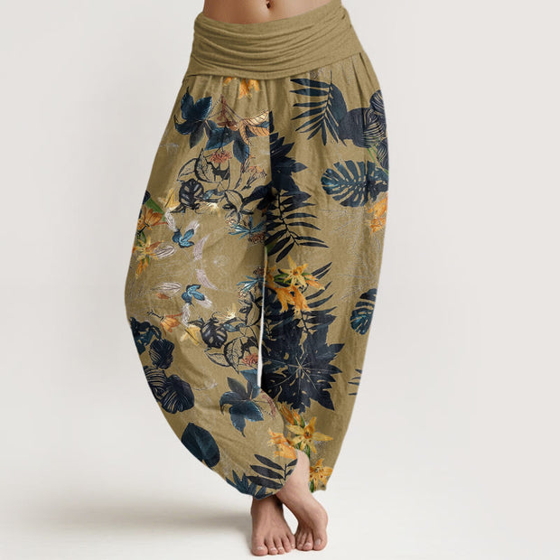 Buddha Stones Yellow Flowers Green Leaves Design Women's Elastic Waist Harem Pants - DarkKhaki - US22，UK/AU26，EU54 (6XL) - image 5