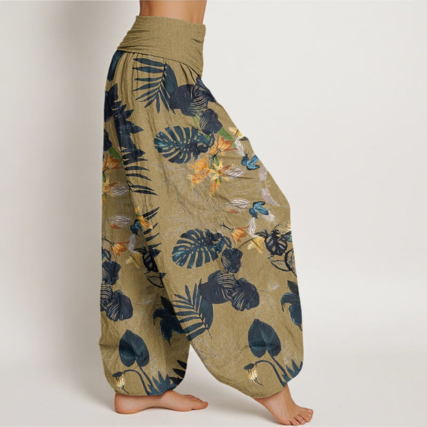 Buddha Stones Yellow Flowers Green Leaves Design Women's Elastic Waist Harem Pants - image 7