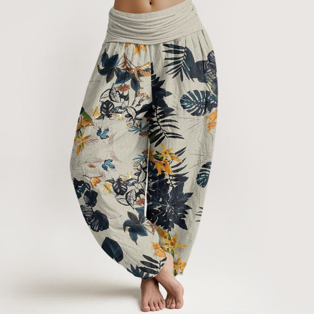 Buddha Stones Yellow Flowers Green Leaves Design Women's Elastic Waist Harem Pants - Beige - US22，UK/AU26，EU54 (6XL) - image 8