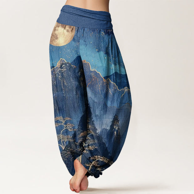 Buddha Stones Casual Full Moon Mountains Trees River Pattern Women's Elastic Waist Harem Pants - image 3