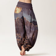 Buddha Stones Casual Full Moon Mountains Trees River Pattern Women's Elastic Waist Harem Pants - image 7