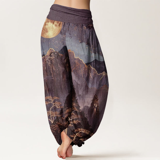 Buddha Stones Casual Full Moon Mountains Trees River Pattern Women's Elastic Waist Harem Pants - image 7