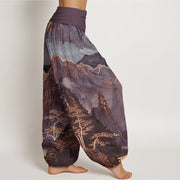 Buddha Stones Casual Full Moon Mountains Trees River Pattern Women's Elastic Waist Harem Pants - image 6