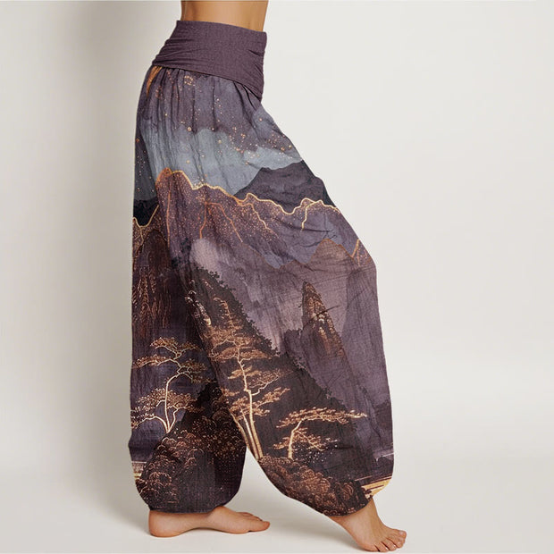 Buddha Stones Casual Full Moon Mountains Trees River Pattern Women's Elastic Waist Harem Pants - image 6