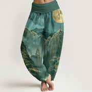 Buddha Stones Casual Full Moon Mountains Trees River Pattern Women's Elastic Waist Harem Pants - DarkCyan - US22，UK/AU26，EU54 (6XL) - image 8