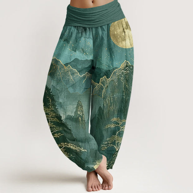 Buddha Stones Casual Full Moon Mountains Trees River Pattern Women's Elastic Waist Harem Pants - DarkCyan - US22，UK/AU26，EU54 (6XL) - image 8