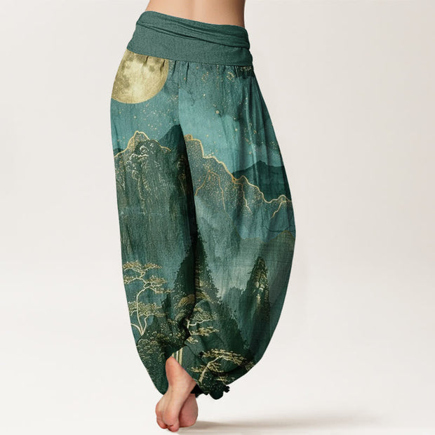 Buddha Stones Casual Full Moon Mountains Trees River Pattern Women's Elastic Waist Harem Pants - image 10