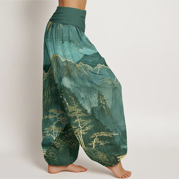 Buddha Stones Casual Full Moon Mountains Trees River Pattern Women's Elastic Waist Harem Pants - image 9
