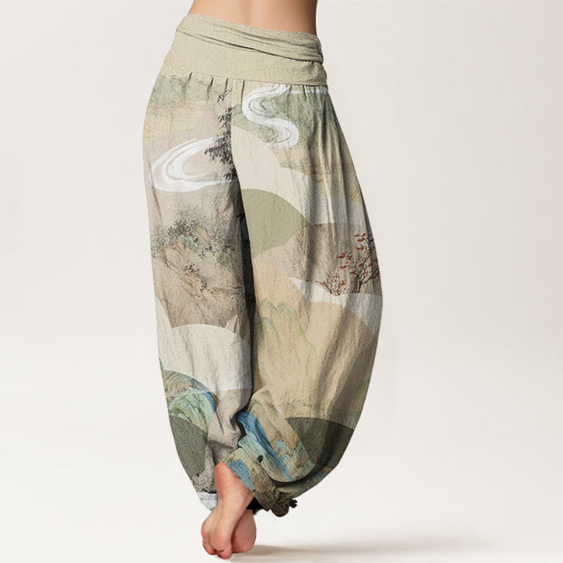 Buddha Stones Chinese Landscape Mountains Rivers Mist Design Women's Elastic Waist Harem Pants - image 2