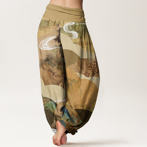 Buddha Stones Chinese Landscape Mountains Rivers Mist Design Women's Elastic Waist Harem Pants - image 6