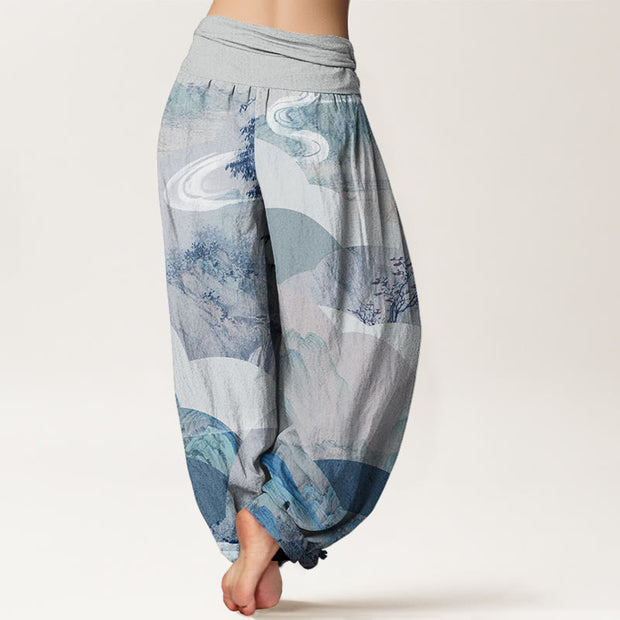 Buddha Stones Chinese Landscape Mountains Rivers Mist Design Women's Elastic Waist Harem Pants - image 9