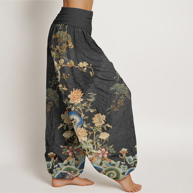 Buddha Stones Peacocks Yellow Flowers Design Women's Elastic Waist Harem Pants - image 3
