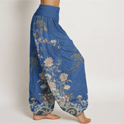 Buddha Stones Peacocks Yellow Flowers Design Women's Elastic Waist Harem Pants - image 7
