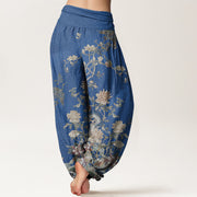 Buddha Stones Peacocks Yellow Flowers Design Women's Elastic Waist Harem Pants - image 6