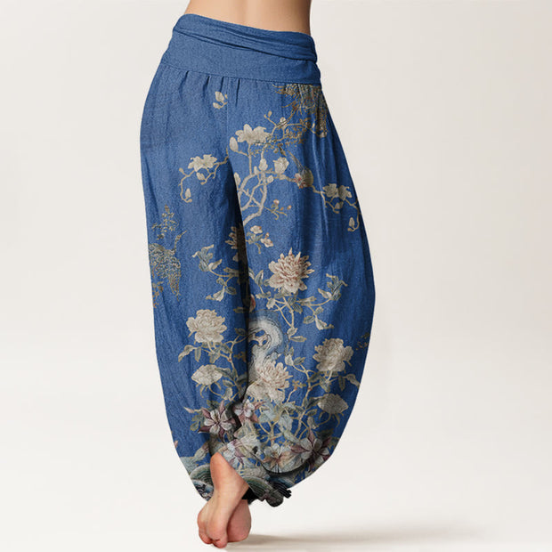 Buddha Stones Peacocks Yellow Flowers Design Women's Elastic Waist Harem Pants - image 6