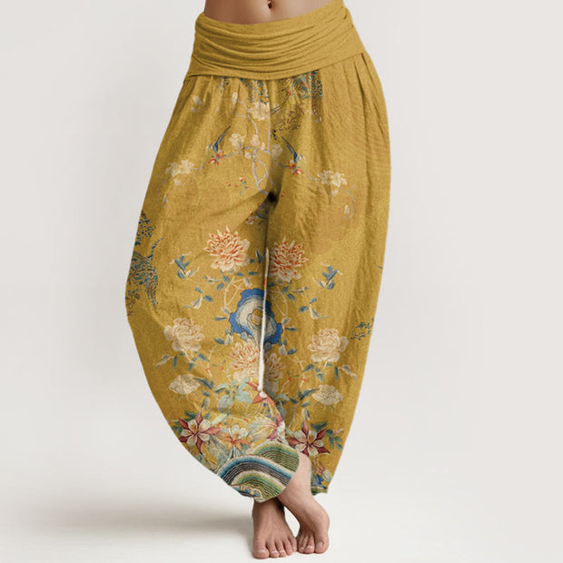 Buddha Stones Peacocks Yellow Flowers Design Women's Elastic Waist Harem Pants - Khaki - US22，UK/AU26，EU54 (6XL) - image 8