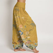 Buddha Stones Peacocks Yellow Flowers Design Women's Elastic Waist Harem Pants - image 10