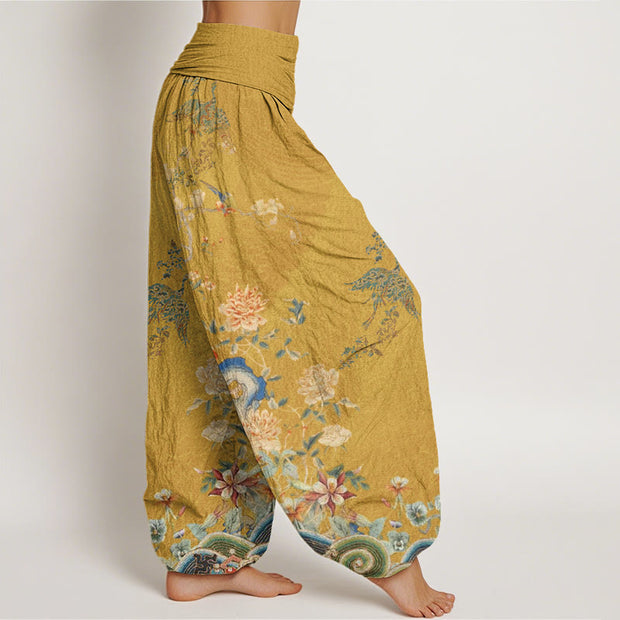 Buddha Stones Peacocks Yellow Flowers Design Women's Elastic Waist Harem Pants - image 10