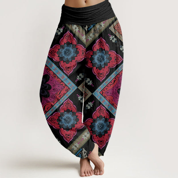 Buddha Stones Diamond-shaped Geometric Floral Design Women's Elastic Waist Harem Pants - Black - US22，UK/AU26，EU54 (6XL) - image 8