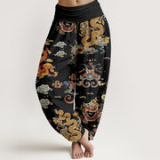 Buddha Stones Golden Dragons Auspicious Clouds Design Women's Elastic Waist Harem Pants - Black - US22，UK/AU26，EU54 (6XL) - image 1