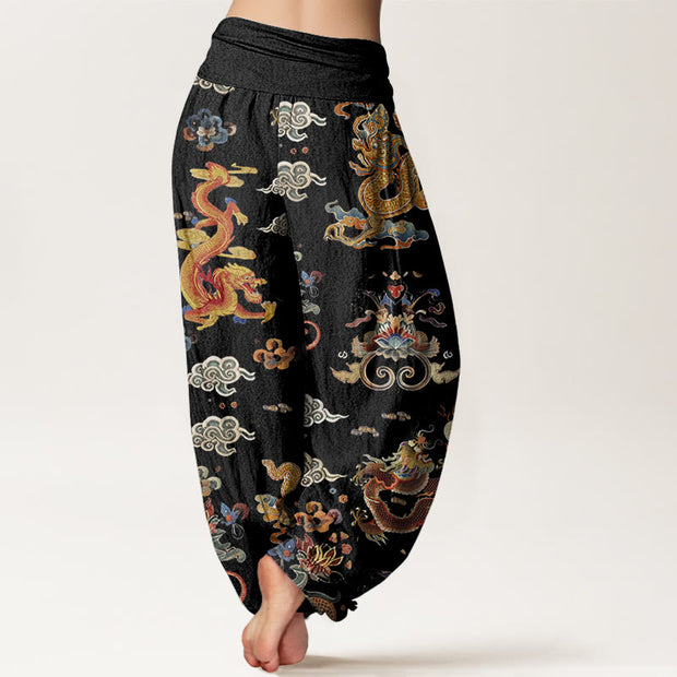 Buddha Stones Golden Dragons Auspicious Clouds Design Women's Elastic Waist Harem Pants - image 3