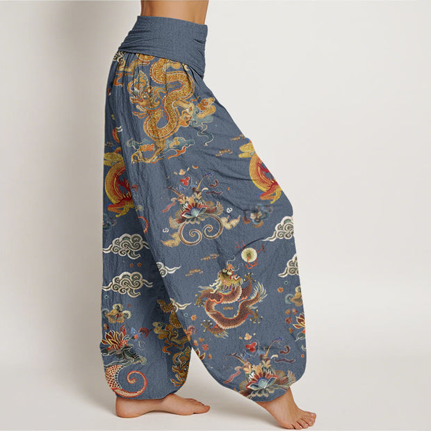 Buddha Stones Golden Dragons Auspicious Clouds Design Women's Elastic Waist Harem Pants - image 7