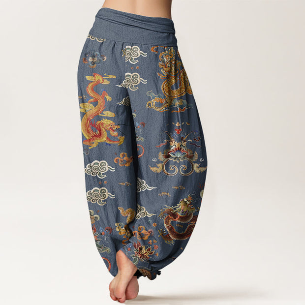 Buddha Stones Golden Dragons Auspicious Clouds Design Women's Elastic Waist Harem Pants - image 6