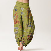 Buddha Stones Golden Dragons Auspicious Clouds Design Women's Elastic Waist Harem Pants - image 9