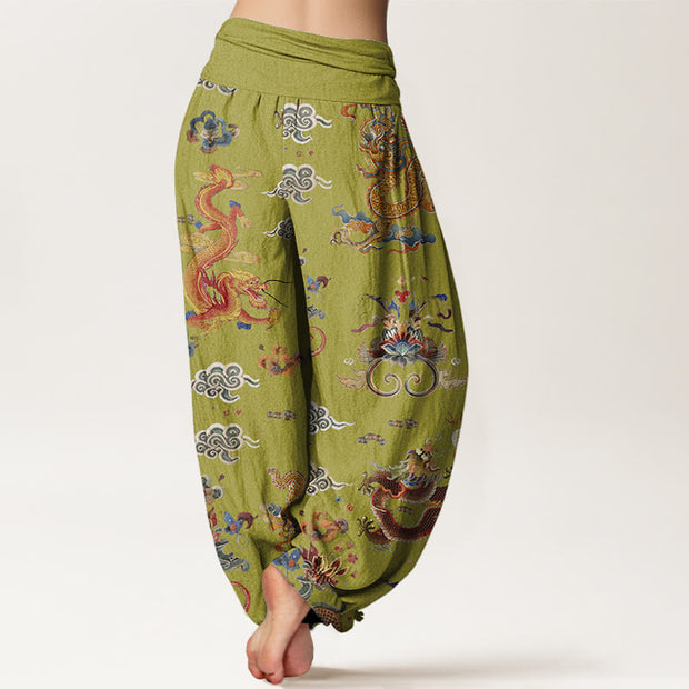 Buddha Stones Golden Dragons Auspicious Clouds Design Women's Elastic Waist Harem Pants - image 9