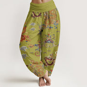 Buddha Stones Golden Dragons Auspicious Clouds Design Women's Elastic Waist Harem Pants - YellowGreen - US22，UK/AU26，EU54 (6XL) - image 8