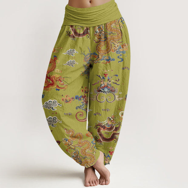 Buddha Stones Golden Dragons Auspicious Clouds Design Women's Elastic Waist Harem Pants - YellowGreen - US22，UK/AU26，EU54 (6XL) - image 8