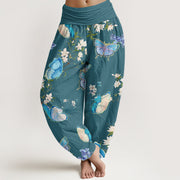 Buddha Stones Casual Butterfly And Flower Pattern Women's Elastic Waist Harem Pants - DarkCyan - US22，UK/AU26，EU54 (6XL) - image 5