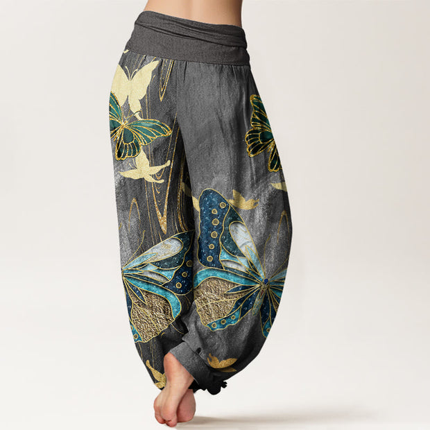 Buddha Stones Casual Butterfly Gold Line Pattern Women's Elastic Waist Harem Pants - image 3