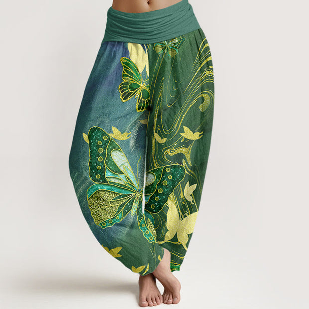 Buddha Stones Casual Butterfly Gold Line Pattern Women's Elastic Waist Harem Pants - CadetBlue - US22，UK/AU26，EU54 (6XL) - image 5