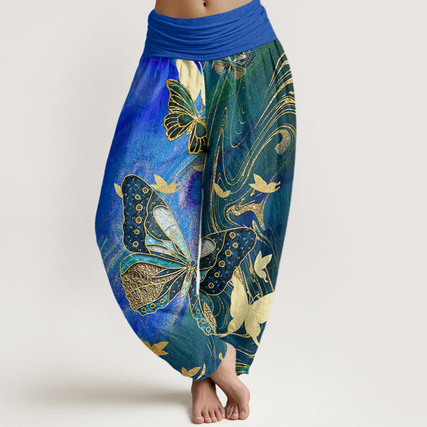 Buddha Stones Casual Butterfly Gold Line Pattern Women's Elastic Waist Harem Pants - Blue - US22，UK/AU26，EU54 (6XL) - image 8